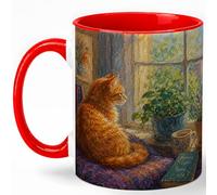 Orange Cat Coffee Mug, Cozy Cat Lover Gift Mug, Morning Light Window Cat Art Ceramic Mug, Cute Cottagecore Cat Mug for Women Men, 11 oz