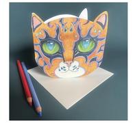 Orange Cat Face - Die Cut Card - Greeting Card - Daniel Mackie Designs 13 cm sq wrapped in cello with envelope