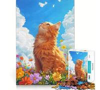 Orange Cat in Flower Field Adults 1000 Piece Jigsaw Puzzle Brain Challenge Toy Stress Relief Clear Cut Wall Art Decor (38x26cm)