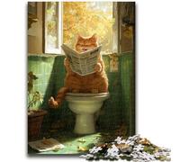 Orange Cat on The Toilet Jigsaw Puzzles for Teenagers,Challenging To Complete But Fun And Humorous with Matching Poster And Trivia Sheet (50X75cm)