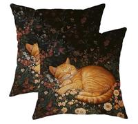Orange Cat Pillow Covers Set of 2, Sleeping Ginger Tabby Throw Pillows Case, Decorative Floral Autumn Farmhouse Decor Cushion Covers for Home Sofa Bed Couch 20x20 Inch