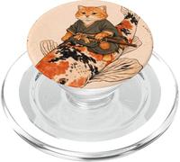 Orange Cat Samurai Koi Fish Japanese Art Illustration PopSockets PopGrip for MagSafe