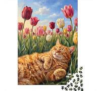 Orange Cat Sleeping in Tulips 1000 Piece Jigsaw Puzzle, 38x26cm/1000pcs, for Adults, Quiet Home Activity, Family Time And Year-Round Leisure