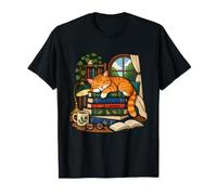 Orange Cat Sleeping on a Stack of Library Books T-Shirt