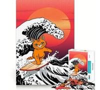 Orange Cat Surfing Giant Wave Jigsaw 1000 Pieces for Adults Cognitive Toy Bonding Time Pattern Assembly Santa Wish Item (38x26cm)