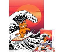 Orange Cat Surfing Giant Wave Jigsaws 1000 Pieces for Teenagers Stimulate Active Brain And Mind Gentle Relaxing Fun Activity (38X26cm)