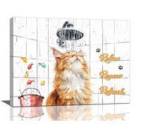 Orange Cat Wall Art Cat In Shower Bathroom Pictures Wall Decor Relax Quotes Sign Canvas Print Painting Modern Framed Artwork for kids Restroom Toilet Nursery 16"x12"