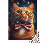 Orange Cat with American Flag Bow Tie 1000 Piece Jigsaw Puzzle Paper Material for Adults Patriotic Stars Background Puzzle Game for Family Home Decor Gift 70x50cm/1000pcs