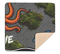 Orange Cephalopod & Dolphin "Wave" Design Large Non-Slip Baby Activity Play Mat for Floor Water Resistant Padded Baby Mat for Newborns Babies Infants Toddlers, 50'' x 50''