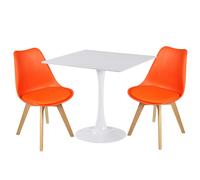 (Orange Chairs) Charles Jacobs White Square Ceramic Dining Table & 2 Tulip Design Chairs Dining Set Seat Dinner Kitchen