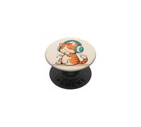 Orange Chibi Cat with Headphones for anime fans PopSockets Adhesive PopGrip