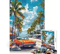 Orange Classic Car on Tropical Street Jigsaws 1000 Pieces for Adults Brain Capacity Quiet Recreation Secure Lock Thoughtful Gift size 38x26cm