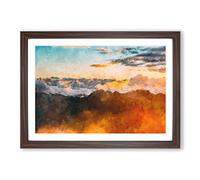 Orange Clouds Above The Mountains Painting Framed Print | A2 Walnut Framed Wall Art | Ready to Hang | Modern Landscape Picture | Living Room Bedroom Lounge Office
