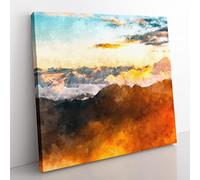 Orange Clouds Above the Mountains Painting Modern Canvas Wall Art Print Ready to Hang, Framed Picture for Living Room Bedroom Home Office Décor, 35x35 cm (14x14 Inch)