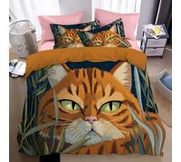 Orange Color Bedding Set Single, Lazy Cat Duvet Cover Set Brushed Microfiber Non Iron With1 Pillowcases and Zipper Closure 135 x 200 cm