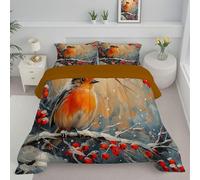 Orange Color Bedspread King, Robin Berries Print Quilted Coverlet 3pcs for Adults Teens Room Decor, Winter Scenery Oil Painting Soft Breathable Bedspreads Bedding for Bedroom Decor Quilt 240x220 cm
