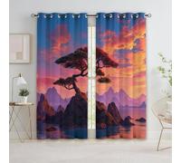 Orange Color Blackout Curtains 46” W x 54” L Thermal Insulated Curtains, Soft Fantasy Sunset Island Mountains Tree Opaque Eyelet Light Blocking Window Drapes for Bedroom and Living Room