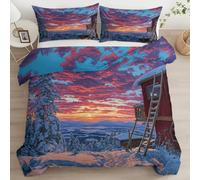 Orange Color Duvet Cover Set King Photography Snow Scene Sunset Log Cabin Bedding Set 3pcs, for Kids Boy Girls Room Decor 230 x 220 cm Comforter Bedding Soft Microfiber Quilt Cover with 2 Pillowcases