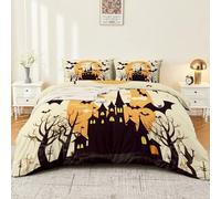 Orange Color Duvet Cover Sets Single Size (135 X 200 Cm) With 2 Pillowcase 50 X 75Cm, Halloween Castle Bats Bed Bedding Sets - 100% Polyester Reversible Printed Pattern Quilt