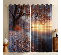 Orange Color Living Room Blackout Curtains W 55" x L 110" Snow scene by the lake at sunset Eyelet Drapes Thermal Insulated Noise Reducing Room Darkening 3D Print Panels Set of 2