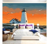 Orange Color Photo Wallpaper 3D Effect Beach Lighthouse Mural Wallpaper Non-Woven Wall Mural, 350 x 256 cm Large Murals Wall Decor for Bedroom, Living Room, Kids Room
