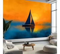 Orange Color Photo Wallpaper Wall Mural 200 x 140 cm Nautical Theme Sailboat Sunset Non-Woven Poster, Modern Eco-Friendly Photo Wallpaper and Wall Mural Picture for Living Room, Bedroom