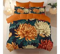 Orange Color-Queen Bedding 3Pcs Comfortable and breathable Printed duvet cover, Soft Brushed Microfiber Perfect for any room Traditional Botanical Vintage Chrysanthemums theme Bedding 230 x 220 cm
