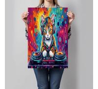 Orange Color Unframed Canvas Wall Art -Cat Wearing Headphones Artwork, Waterproof Modern Print, Graffiti Style Wall Decoration for Living Room, Bedroom Pictures for Walls - 28x20 in