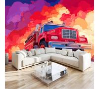 Orange Color Wallpaper Panoramic Deco American Style Retro, Wallpaper Mural Cartoon Fire Truck 200 X 140 Cm for Bedroom Living Room Office Hotel Premium Non-Woven Mural - Wall Background Decoration