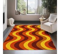 Orange Color Washable Area Rug 120 x 160 cm, Retro 70S Hipster Waves Printed Design Short Lint Non-Slip Backing Carpet For Living Room, Open-Plan Lounge Tea Rooms Country Estates Outdoor Rug