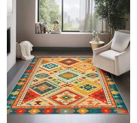Orange Color Washable Area Rug 80 x 150 cm, Geometric Ethnic Triangle Illustration Printed Design Short Lint Non-Slip Backing Carpet For Living Room, Open-Plan Lounge Outdoor Rug