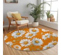 Orange Color Washable Round Rug Area Rug, Hand Painted Daisies Full Of Vitality Print Large Rug with Upgrade Anti-slip PVC Material for Bedroom Classic Round Carpet Non Shedding, 120 cm