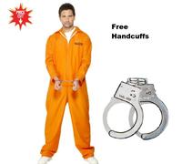Orange Convict Jumpsuit Prisoner Men's Halloween Fancy Dress Costume & Handcuffs