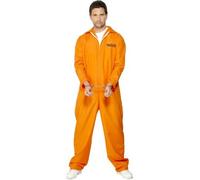 Orange Convict Suit Costume Mens Prisoner Cops & Robbers Fancy Dress Outfit