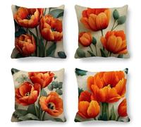 Orange Cushion Covers 30x30 cm Pack of 4, Tulip Cushions Double Sided Print, Soft Hypoallergenic Outdoor Garden Cushions Waterproof Square Linen Cushion Covers, Decorative Pillows for Sofa K-131