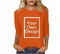 Orange Custom T Shirts Women Design Your Own T Shirt Summer Tops Printed Shirt Customised with Any Text Photo Personalized Shirts Funny 3/4 Sleeve Casual Tops S-5Xl