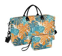 Orange Cyan Monstera Deliciosa Leaves Decorative Carry On Weekend Bag Sports Duffel Bags with Adjustable Strap for Hiking Large Capacity bulto para viajar