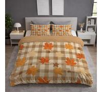 Orange Duvet Cover - Super King 220 x 260 - Soft Lightweight, Machine Washable, Fluffy, Non Iron, Versatile - Vintage Checkered Maple Leaves Autumn Bedding - Duvet Cover Sets For Bedroom