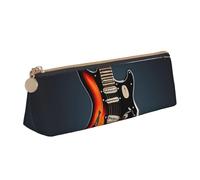 Orange Electric Guitars Print Stylish High-Capacity Leather Pencil Case Zippered Triangle Pouch Pens Boys Girls