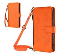 Orange Embossed PU Zipper Case Compatible with Cricket Outlast 5G 2024 Phone Wallet Flip Zipper Shell Cellphone Shell Large Capacity Handbag Purse Zipper Pocket Magnetic Clutch with Wrist Strap