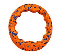 Orange ETPU Dog Ring with Blue Speckles and Round Mouth | The orange ring has an irregularly shaped inner opening and is decorated with eye-catching blue speckles all around