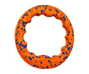 Orange ETPU Dog Ring with Blue Speckles and Round Mouth | The orange ring has an irregularly shaped inner opening and is decorated with eye-catching blue speckles all around