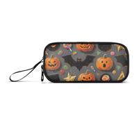Orange Evil Halloween Pumpkin Bat Nylon School Pencil Bag Large Capacity Big Pencil Case with Zipper Stationery Bag for Elementary Kids