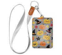 Orange Evil Halloween Pumpkin Witch Leather Badges Holder with Lanyard and 3-Card Capacity Card Holder case for Staffs Officers Students Doctors Employees