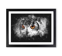 Orange Eyed Owl Paint Splash Modern Art Framed Wall Art Print, Ready to Hang Picture for Living Room Bedroom Home Office Décor, Black A2 (64 x 46 cm)