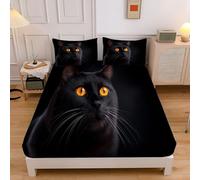 Orange Eyes Animals Fitted Sheet Single Black Bed Sheet Deep Pocket 30 cm, Soft Brushed Microfiber Breathable Elasticated Corner Bedding Mysterious Cat Fitted Sheets 90x190cm