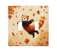 Orange Fall Red Panda Decorative Switch Cover 2 Gang Double Toggle, Autumn Maple Leaves Wall Plate Cover, Standard Size, Woodland Forest Electrical Faceplate for Bedroom Living Room Decor