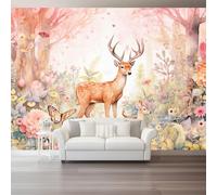 Orange Fawn Photo Mural Wallpaper 200 x 140 cm Watercolor Pink Jungle Flowers Theme Non-Woven Wall Art Modern for Living Room Bedroom Nursery Room Decor