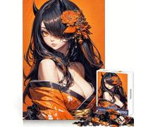 Orange Floral Anime Girl Jigsaw Puzzle 1000 Piece for Adults Logic Boost Toy Together Fun Premium Edge Stylish Gift (38x52cm)