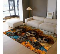 Orange Floral Area Rug 90x150cm Boho Skull Art Vibrant Sunflowers Pattern Carpets Low Pile Floor Mats for Day of the Dead Home Decor